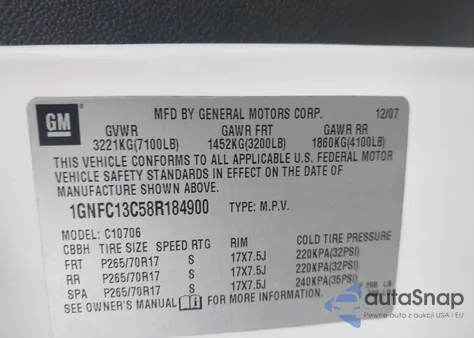 2008 Chevrolet Tahoe Ls z USA, uszkodzony, nr VIN 1GNFC13C58R184900